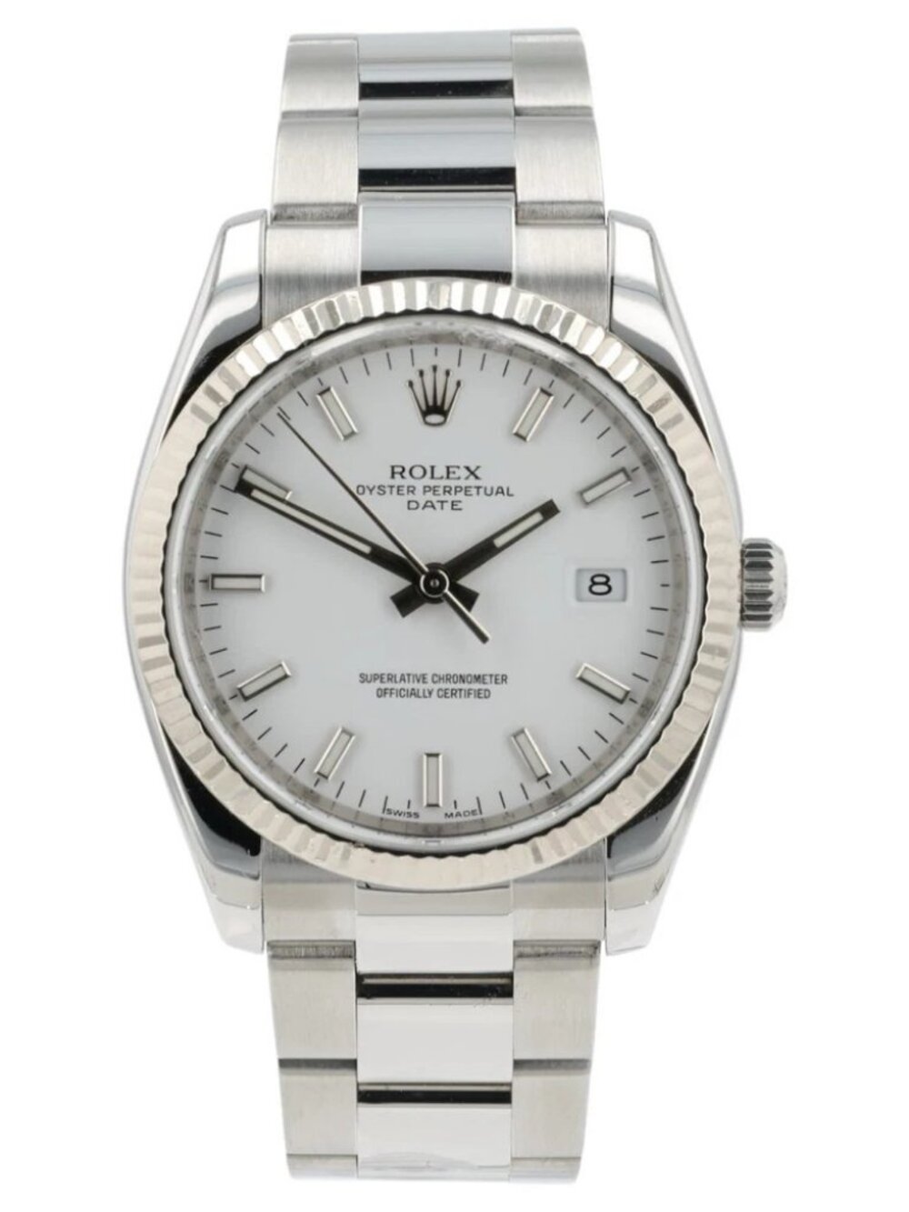 Rolex Oyster Perpetual Date White Dial Steel 34mm Automatic Men’s Watch 115234